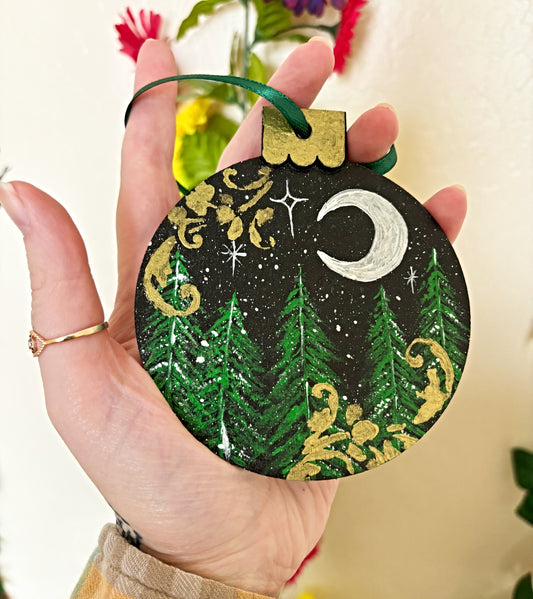 Forest and Moon Hand Painted Yule Ornament