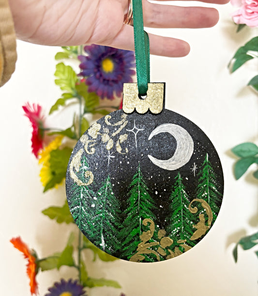 Forest and Moon Hand Painted Yule Ornament