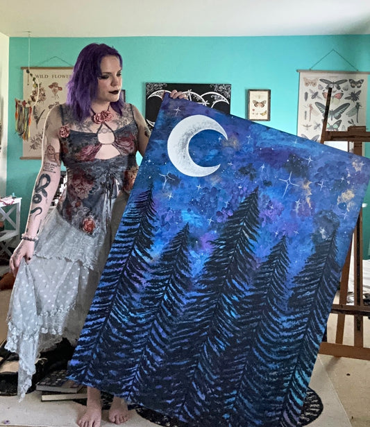 Large Night Sky Forest Acrylic Painting