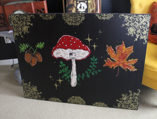 Large Mushroom Leaf and Acorns Acrylic Painting