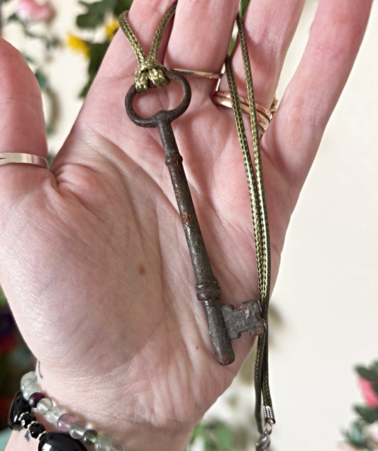 Vintage Key Necklace on Green Cord