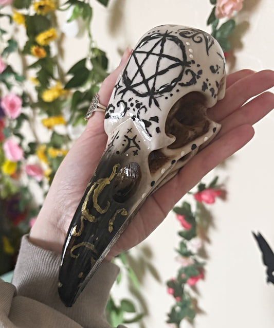 Hand Painted Raven Skull featuring Pentacle and Wildflowers