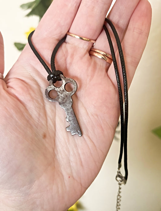 Vintage Key Necklace on Black Cord