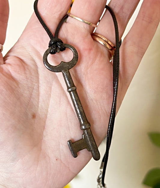 Vintage Key Necklace on Black Cord