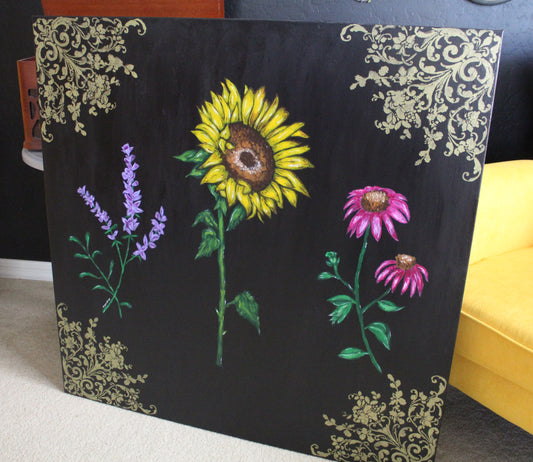 Large Sunflower Lavender and Coneflower Acrylic Painting