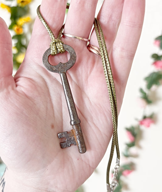 VIntage Key Necklace on Green Cord